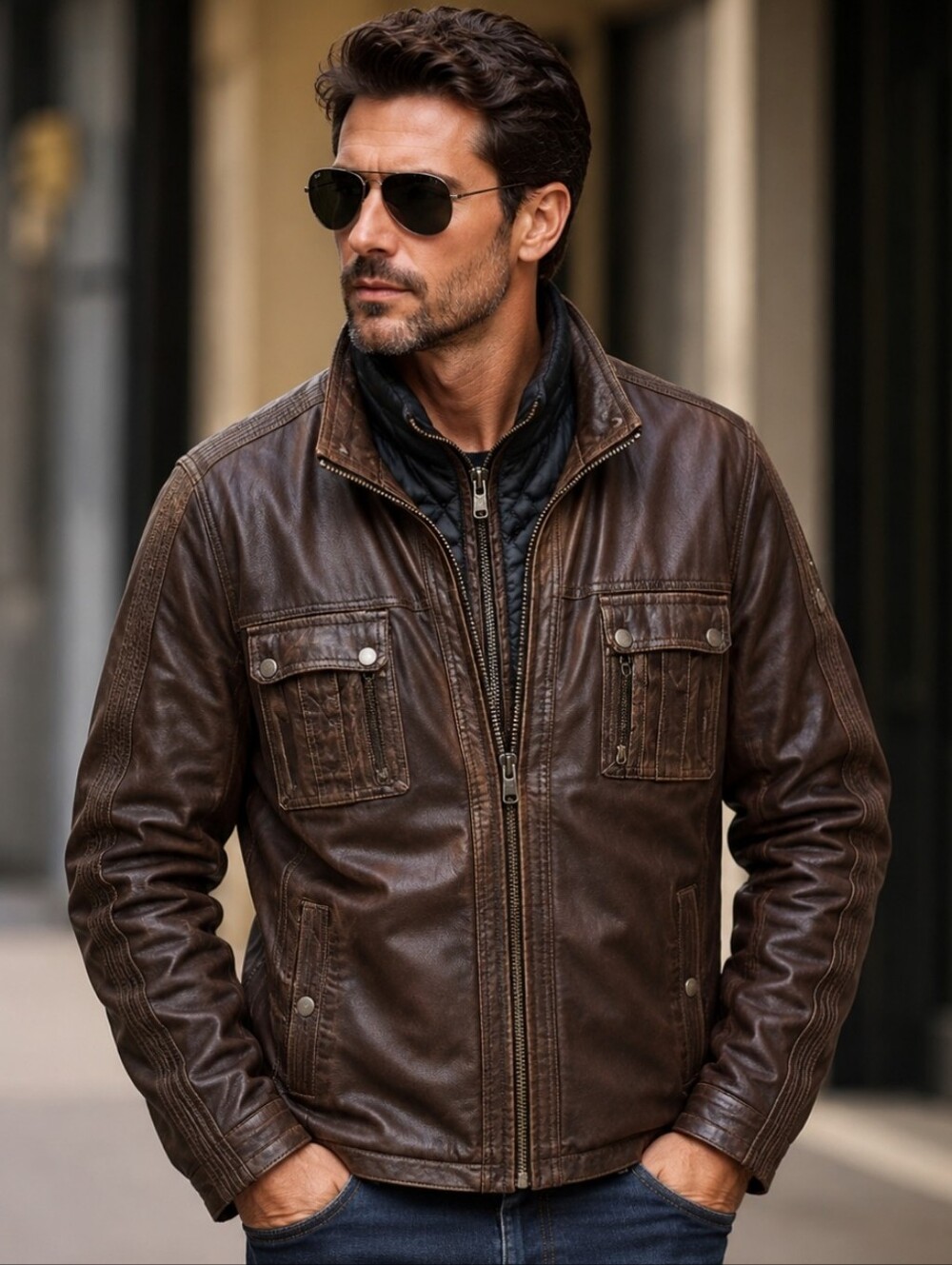 DERIMOD Men's Brown Turkish Leather Jacket Removable Quilt Bib Moto Utility XXL